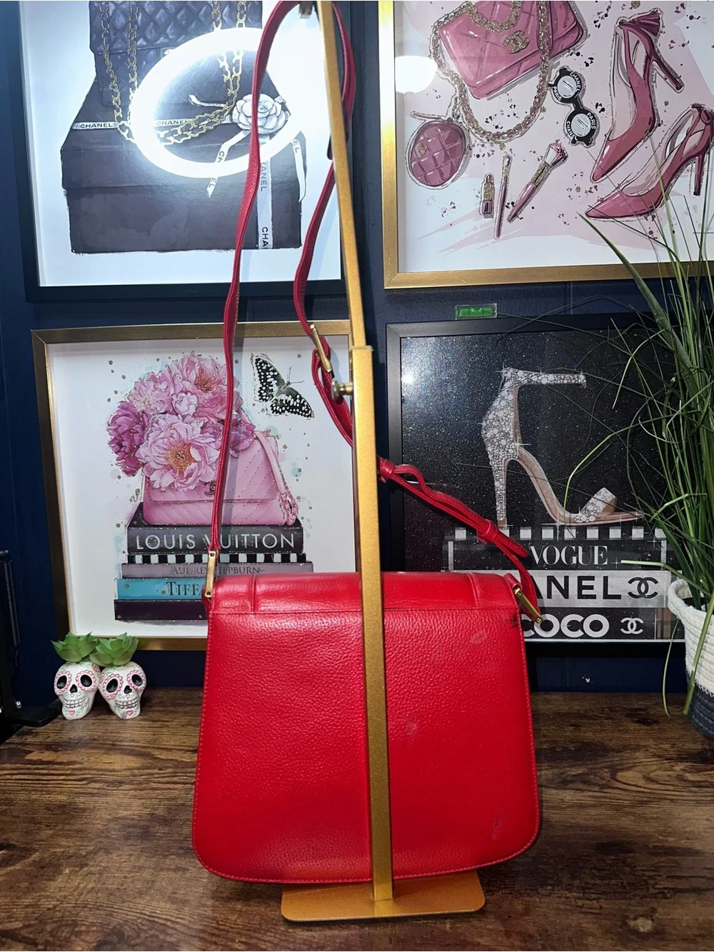 MCM Patricia Red Pebbled Leather Crossbody Bag Gold Studs  Vintage